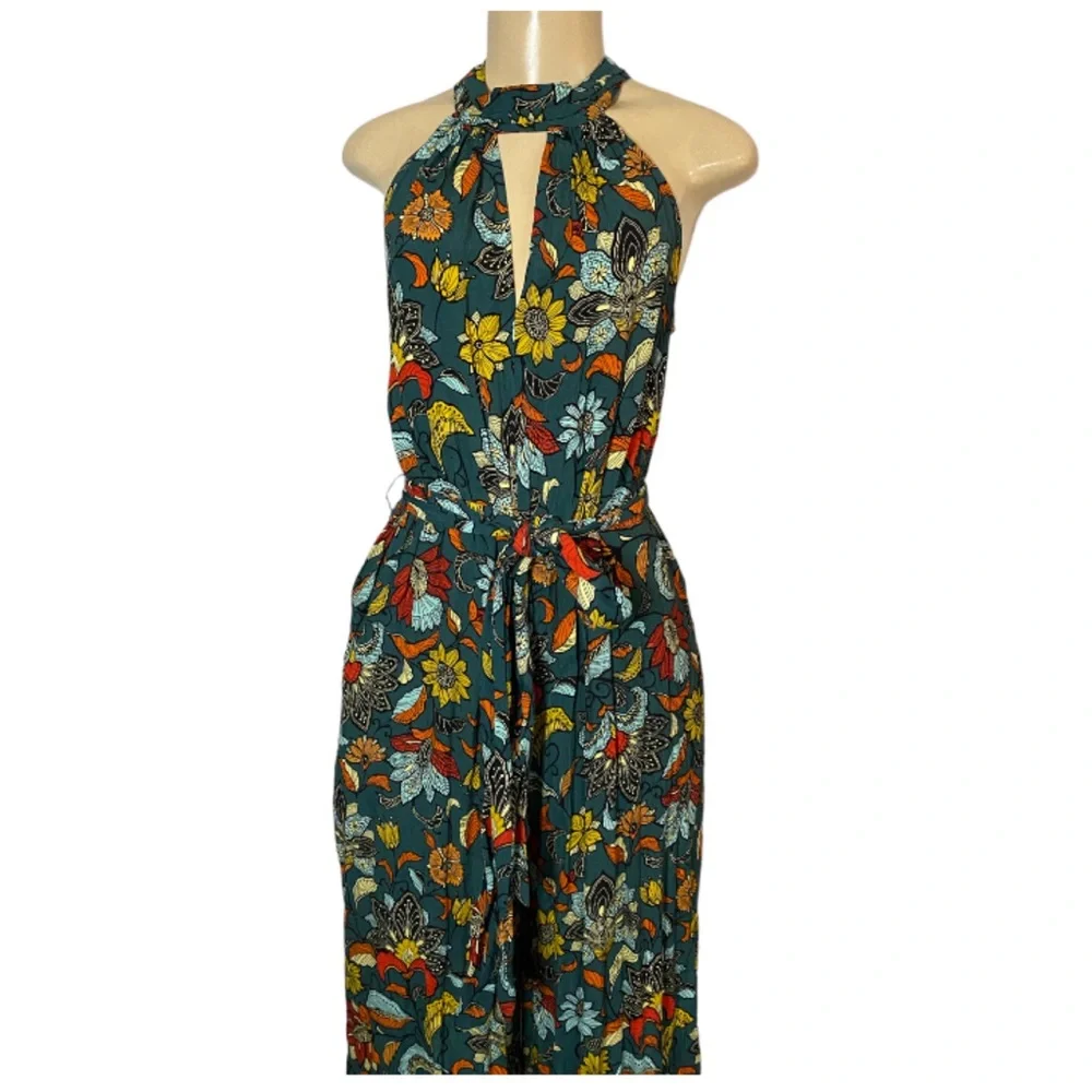 Anthropologie Geneva Halter Wide-Leg Jumpsuit Small Teal Green Floral Paisley - Picture 4 of 10